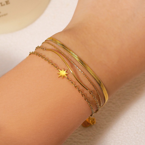 Picture of 1 Piece Eco-friendly Vacuum Plating Sweet & Cute Ins Style 18K Real Gold Plated 304 Stainless Steel Star Multilayer Layered Bracelet For Women Party 15.5cm(6 1/8") long