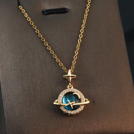 Picture of Eco-friendly Simple & Casual Galaxy 18K Gold Plated 304 Stainless Steel & Copper Link Cable Chain Planet Inlay Zircon Pendant Necklace For Women Party