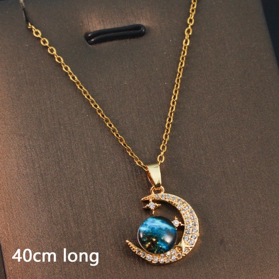 Bild von 1 Strang Umweltfreundlich Einfach und lässig Galaxis 18K Gold plattiert 304 Edelstahl und Messing Gliederkette Kette Halbmond Stern Anhänger Halskette Für Frauen Party 40cm lang