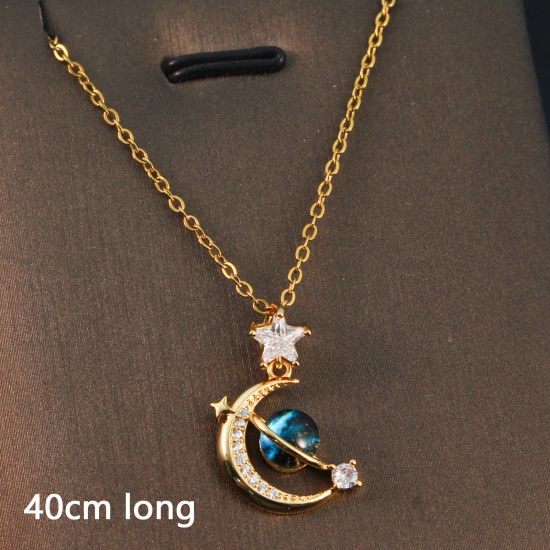 Bild von 1 Strang Umweltfreundlich Einfach und lässig Galaxis 18K Gold plattiert 304 Edelstahl und Messing Gliederkette Kette Halbmond Universum Planeten Anhänger Halskette Für Frauen Party 40cm lang