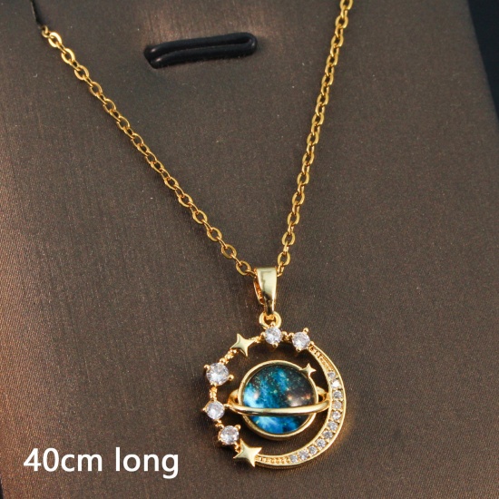 Bild von 1 Strang Umweltfreundlich Einfach und lässig Galaxis 18K Gold plattiert 304 Edelstahl und Messing Gliederkette Kette Planet Mond Anhänger Halskette Für Frauen Party 40cm lang