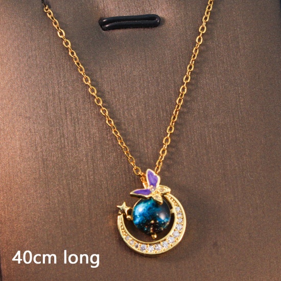 Bild von 1 Strang Umweltfreundlich Einfach und lässig Galaxis 18K Gold plattiert 304 Edelstahl und Messing Gliederkette Kette Schmetterling Mond Anhänger Halskette Für Frauen Party 40cm lang