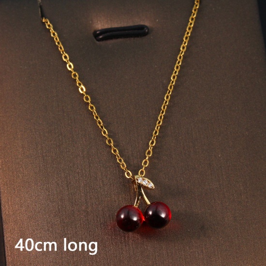 Bild von 1 Strang Umweltfreundlich Einfach und lässig Stilvoll 18K Gold plattiert 304 Edelstahl und Messing Gliederkette Kette Kirsche Anhänger Halskette Für Frauen Party 40cm lang