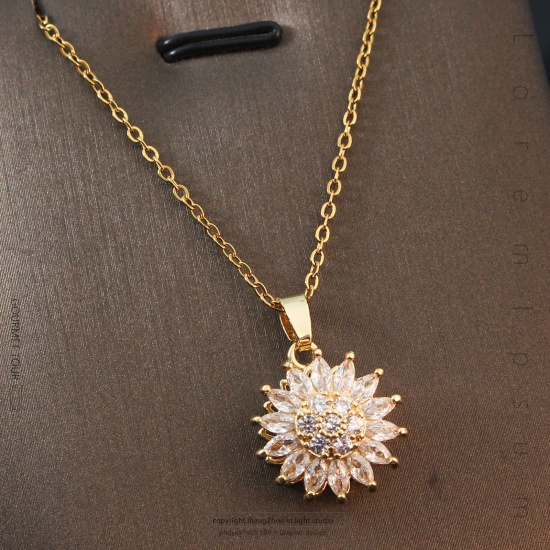 Bild von 1 Strang Umweltfreundlich Einfach und lässig Stilvoll 18K Gold plattiert 304 Edelstahl und Messing Gliederkette Kette Blumen Umdrehbar Anhänger Halskette Für Frauen Party 40cm lang