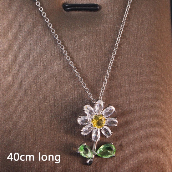 Bild von 1 Strang Umweltfreundlich Einfach und lässig Stilvoll Platin Plattiert 304 Edelstahl und Messing Gliederkette Kette Blume Blätter Anhänger Halskette Für Frauen Party 40cm lang