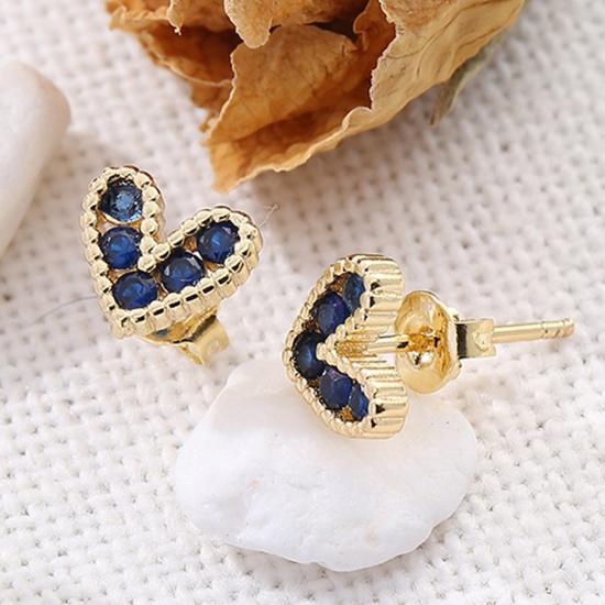 Immagine di 1 Paio Placcatura Sottovuoto Ecologica Dolce & Carino San Valentino Placcato Oro 18K Blu Scuro Ottone & Zircone Cubico Cuore Micro Spianare Orecchini a Perno Per Donne San Valentino 8mm x 7mm