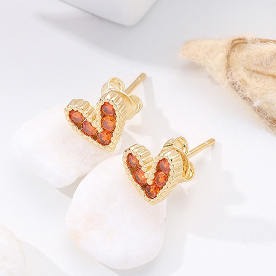 Immagine di 1 Paio Placcatura Sottovuoto Ecologica Dolce & Carino San Valentino Placcato Oro 18K Arancione Ottone & Zircone Cubico Cuore Micro Spianare Orecchini a Perno Per Donne San Valentino 8mm x 7mm