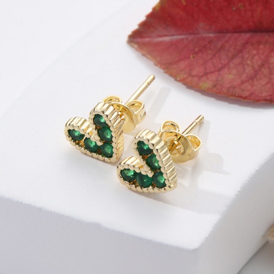 Immagine di 1 Paio Placcatura Sottovuoto Ecologica Dolce & Carino San Valentino Placcato Oro 18K Verde Ottone & Zircone Cubico Cuore Micro Spianare Orecchini a Perno Per Donne San Valentino 8mm x 7mm