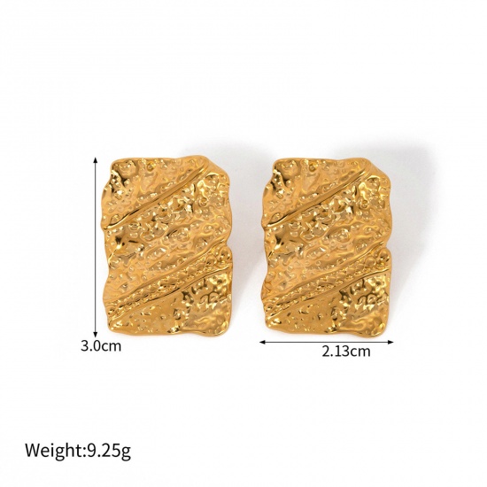 Picture of 1 Pair Vacuum Plating Stylish Hammered 18K Real Gold Plated 304 Stainless Steel Rectangle Embossing Ear Post Stud Earrings For Women Party 3cm x 2.1cm