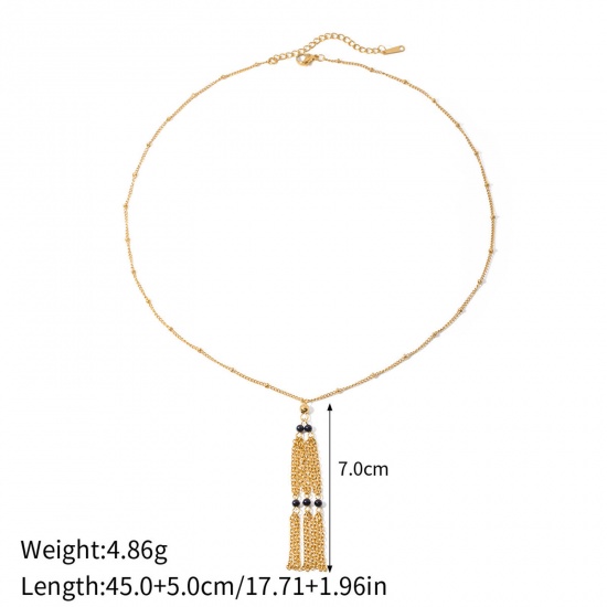 Picture of 1 Piece Eco-friendly Vacuum Plating Stylish Ins Style 18K Real Gold Plated 304 Stainless Steel Ball Chain Tassel Pendant Necklace For Women Party 45cm(17 6/8") long