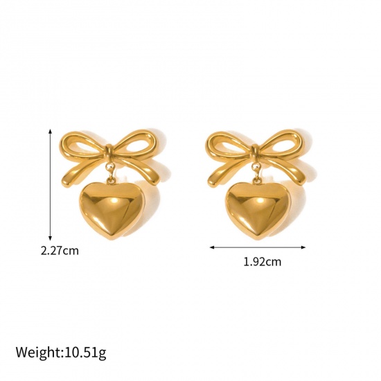 Picture of 1 Pair Vacuum Plating Stylish Ins Style 18K Real Gold Plated 304 Stainless Steel Bowknot Heart Earrings For Women Party 2.3cm x 1.9cm