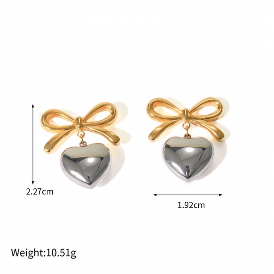Picture of 1 Pair Vacuum Plating Stylish Ins Style Real Gold Plated 304 Stainless Steel Bowknot Heart Earrings For Women Party 2.3cm x 1.9cm