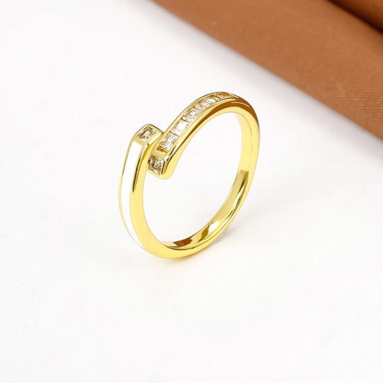 Immagine di 1 Pz Ecologico Elegante Retrò 18K Oro riempito Bianco Ottone & Zircone Cubico Aperto Regolabile Smalto Anello Per Donne Festa 17mm (taglia di US: 6.5)