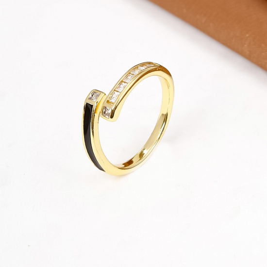 Immagine di 1 Pz Ecologico Elegante Retrò 18K Oro riempito Nero Ottone & Zircone Cubico Aperto Regolabile Smalto Anello Per Donne Festa 17mm (taglia di US: 6.5)