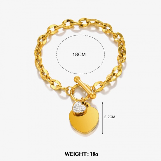 Picture of 1 Piece Eco-friendly Vacuum Plating Stylish Hip-Hop 18K Gold Plated 304 Stainless Steel Curb Link Chain Heart Charm Bracelets Unisex Party 18cm(7 1/8") long