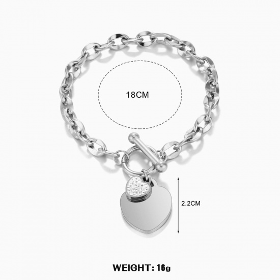 Picture of 1 Piece Eco-friendly Vacuum Plating Stylish Hip-Hop Silver Tone 304 Stainless Steel Curb Link Chain Heart Charm Bracelets Unisex Party 18cm(7 1/8") long