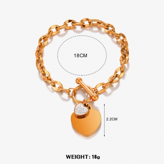 Picture of 1 Piece Eco-friendly Vacuum Plating Stylish Hip-Hop Rose Gold 304 Stainless Steel Curb Link Chain Heart Charm Bracelets Unisex Party 18cm(7 1/8") long