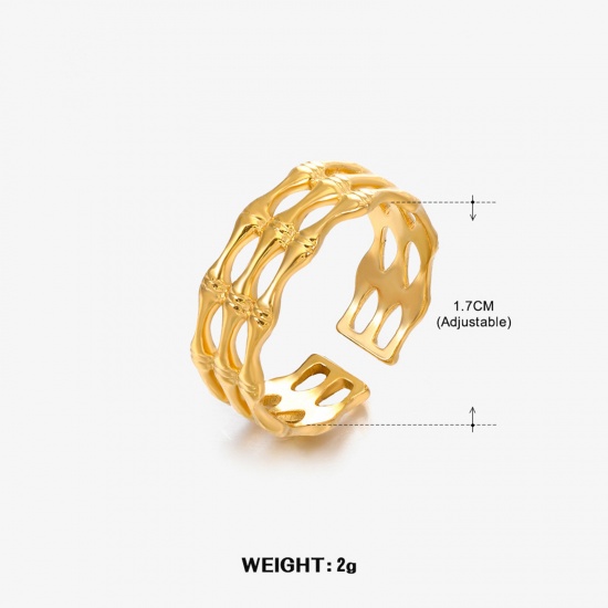 Picture of 1 Piece Vacuum Plating Stylish Ins Style 18K Gold Plated 304 Stainless Steel Open Bamboo-shaped Rings For Women Party 17mm(US Size 6.5)