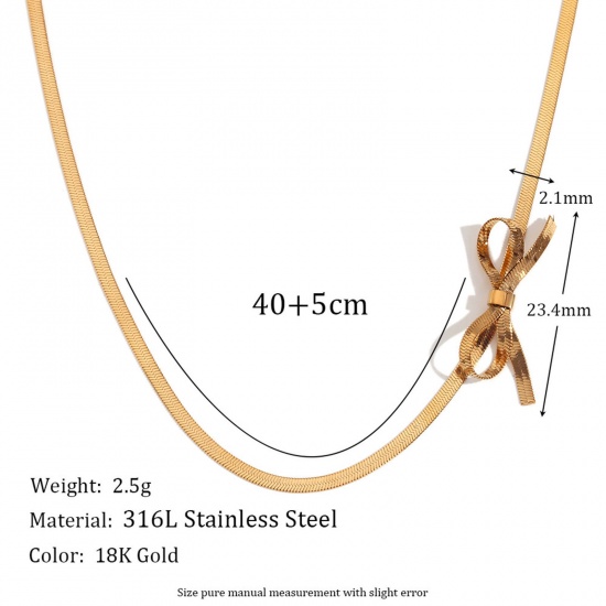 Picture of 1 Piece Eco-friendly Vacuum Plating Stylish Simple 18K Real Gold Plated 316 Stainless Steel Snake Chain Bowknot Pendant Necklace For Women Party 40cm(15 6/8") long