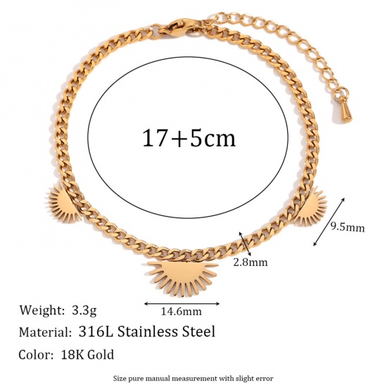 Picture of 1 Piece Eco-friendly Vacuum Plating Simple & Casual Stylish 18K Real Gold Plated 316 Stainless Steel Cuban Link Chain Sunflower Charm Bracelets For Women Back to School 17cm(6 6/8") long