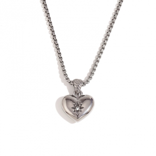 Picture of 1 Piece Eco-friendly Vacuum Plating Retro Valentine's Day Real Platinum Plated 316 Stainless Steel Curb Link Chain Heart Star Pendant Necklace For Women Valentine's Day 40cm(15 6/8") long