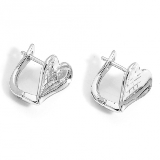 Picture of 2 PCs Eco-friendly Vacuum Plating Simple & Casual Valentine's Day Real Platinum Plated Brass Heart Grid Checker Hoop Earrings For Women Party 12.5mm x 12mm