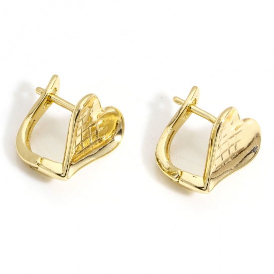 Picture of 2 PCs Eco-friendly Vacuum Plating Simple & Casual Valentine's Day 18K Real Gold Plated Brass Heart Grid Checker Hoop Earrings For Women Party 12.5mm x 12mm