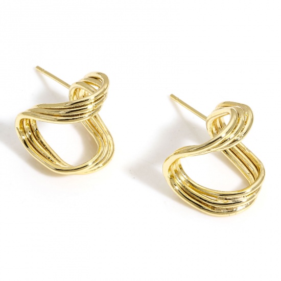 Picture of 2 PCs Eco-friendly Vacuum Plating Stylish Geometric 18K Real Gold Plated Brass Twist Streak Ear Post Stud Earrings For Women Party 14.5mm x 14mm