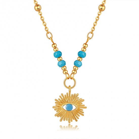 Picture of 1 Piece Eco-friendly Vacuum Plating Retro Religious 18K Real Gold Plated Copper & Turquoise Ball Chain Sun Evil Eye Pendant Necklace For Women Party 44cm(17 3/8") long