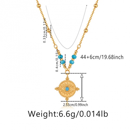 Picture of 1 Piece Eco-friendly Vacuum Plating Retro Religious 18K Real Gold Plated Copper & Turquoise Ball Chain Round Evil Eye Pendant Necklace For Women Party 44cm(17 3/8") long