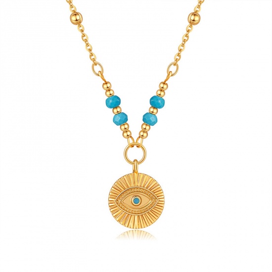 Picture of 1 Piece Eco-friendly Vacuum Plating Retro Religious 18K Real Gold Plated Copper & Turquoise Ball Chain Evil Eye Sunshine Pendant Necklace For Women Party 44cm(17 3/8") long