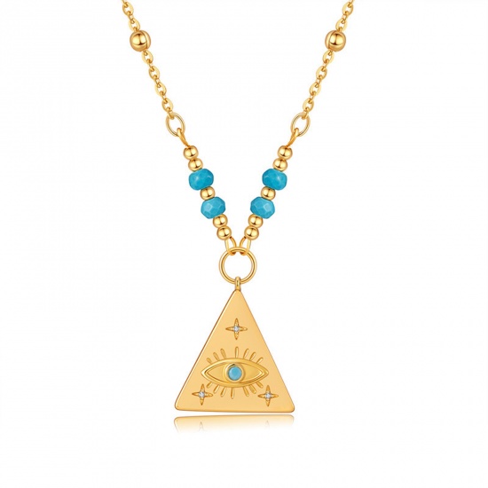 Picture of 1 Piece Eco-friendly Vacuum Plating Retro Religious 18K Real Gold Plated Copper & Turquoise Ball Chain Triangle Evil Eye Pendant Necklace For Women Party 44cm(17 3/8") long