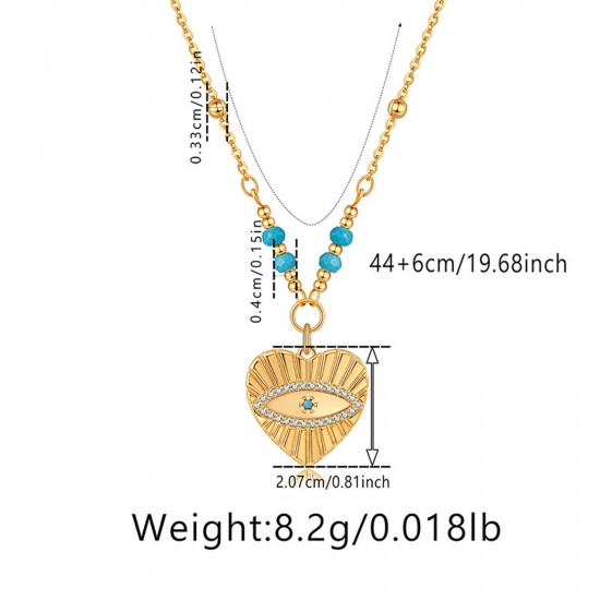 Picture of 1 Piece Eco-friendly Vacuum Plating Retro Religious 18K Real Gold Plated Copper & Turquoise Ball Chain Heart Evil Eye Pendant Necklace For Women Party 44cm(17 3/8") long