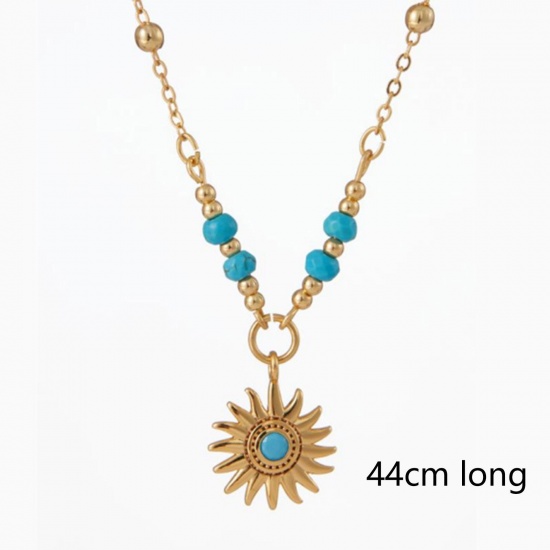 Picture of 1 Piece Eco-friendly Vacuum Plating Retro Religious 18K Real Gold Plated Copper & Turquoise Ball Chain Sun Pendant Necklace For Women Party 44cm(17 3/8") long