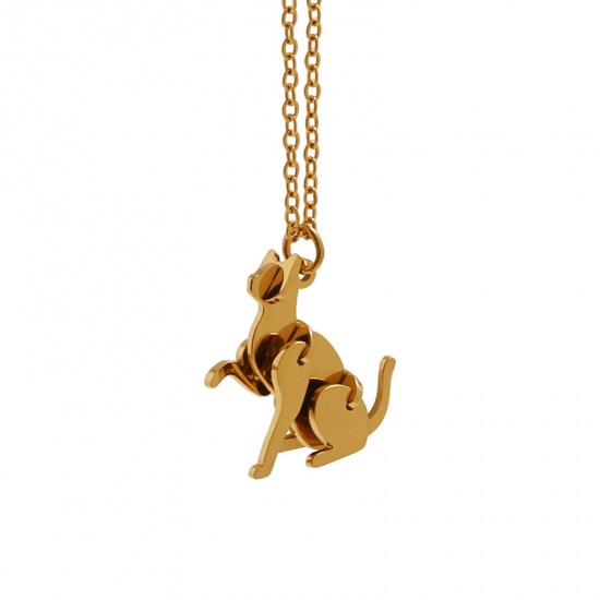 Picture of 1 Piece Eco-friendly Vacuum Plating Stylish Cute 18K Real Gold Plated 304 Stainless Steel Link Cable Chain Cat Animal Building Blocks Pendant Necklace Unisex Party 40cm(15 6/8") long