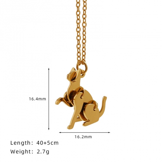 Picture of 1 Piece Eco-friendly Vacuum Plating Stylish Cute 18K Real Gold Plated 304 Stainless Steel Link Cable Chain Cat Animal Building Blocks Pendant Necklace Unisex Party 40cm(15 6/8") long