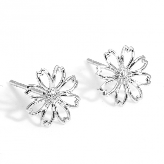 Picture of 2 PCs Eco-friendly Vacuum Plating Sweet & Cute Exquisite Real Platinum Plated Brass Daisy Flower Ear Post Stud Earrings For Women Party 9mm x 9mm