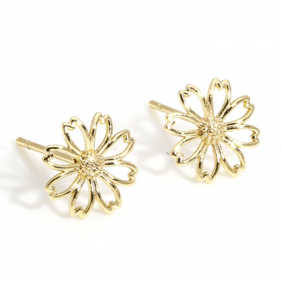 Picture of 2 PCs Eco-friendly Vacuum Plating Sweet & Cute Exquisite 18K Real Gold Plated Brass Daisy Flower Ear Post Stud Earrings For Women Party 9mm x 9mm