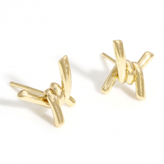 Picture of 2 PCs Eco-friendly Vacuum Plating Simple & Casual Exquisite 18K Real Gold Plated Brass Knot Ear Post Stud Earrings For Women Party 12.5mm x 11mm