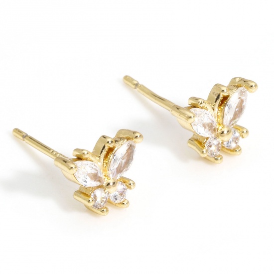 Picture of 2 PCs Eco-friendly Vacuum Plating Sweet & Cute Exquisite 18K Real Gold Plated Brass & Cubic Zirconia Butterfly Animal Ear Post Stud Earrings For Women Party 8mm x 6mm