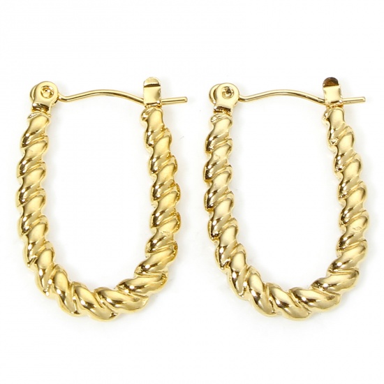 Picture of 1 Pair Vacuum Plating Simple & Casual Geometric 18K Gold Color 304 Stainless Steel Braided Oval Hoop Earrings For Women Party 25.5mm x 17mm