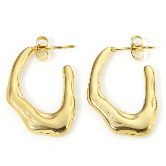 Bild von 1 Pair Vacuum Plating Simple & Casual Geometric 18K Gold Color 304 Stainless Steel Irregular Oval Hoop Earrings For Women Party 26mm x 18mm