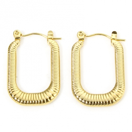 1 Pair Vacuum Plating Simple & Casual Geometric 18K Gold Color 304 Stainless Steel Rectangle Stripe Hoop Earrings For Women Party 26.5mm x 17.5mm の画像