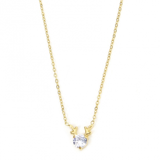 Picture of 1 Piece Vacuum Plating Sweet & Cute Exquisite 18K Real Gold Plated Light Blue 304 Stainless Steel & Rhinestone Link Cable Chain Deer Animal Pendant Necklace For Women Engagement 45cm(17 6/8") long