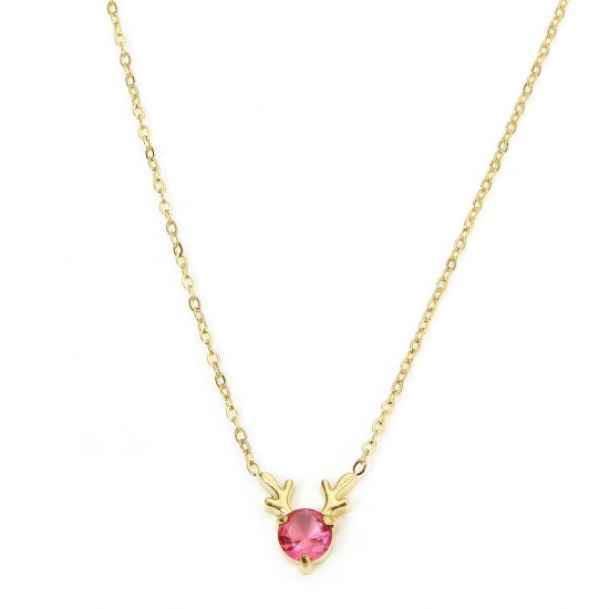 Picture of 1 Piece Eco-friendly Vacuum Plating Sweet & Cute Exquisite 18K Real Gold Plated Fuchsia 304 Stainless Steel & Rhinestone Link Cable Chain Deer Animal Pendant Necklace For Women Engagement 45cm(17 6/8") long
