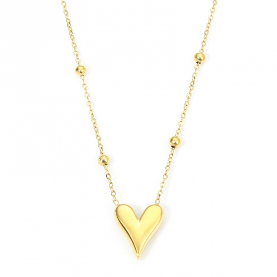 Picture of 1 Piece Eco-friendly Vacuum Plating Stylish Valentine's Day 18K Real Gold Plated 304 Stainless Steel Ball Chain Heart Pendant Necklace For Women Party 39cm(15 3/8") long