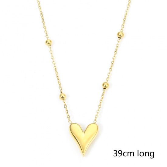 Picture of 1 Piece Eco-friendly Vacuum Plating Stylish Valentine's Day 18K Real Gold Plated 304 Stainless Steel Ball Chain Heart Pendant Necklace For Women Party 39cm(15 3/8") long