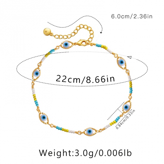 Picture of 1 Piece Eco-friendly Stylish Boho Chic Bohemia 18K Gold Color Brass Evil Eye Anklet For Women Party 22cm(8 5/8") long
