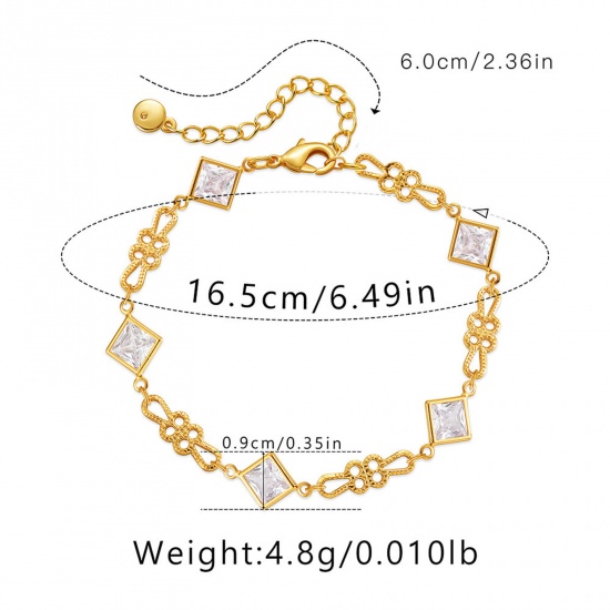 Immagine di 1 Pz Placcatura Sottovuoto Ecologica Dolce & Carino Elegante 18K Vero Oro Placcato Ottone & Strass Rombo Nodo Cinese Braccialetti Per Donne Festa 16.5cm Lunghezza