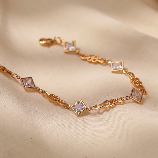 Immagine di 1 Pz Placcatura Sottovuoto Ecologica Dolce & Carino Elegante 18K Vero Oro Placcato Ottone & Strass Rombo Nodo Cinese Braccialetti Per Donne Festa 16.5cm Lunghezza